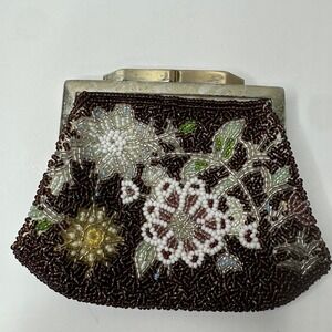 Vintage Beaded Coin Purse‎ Brown Floral Mini Handbag Evening Bag Party Wedding